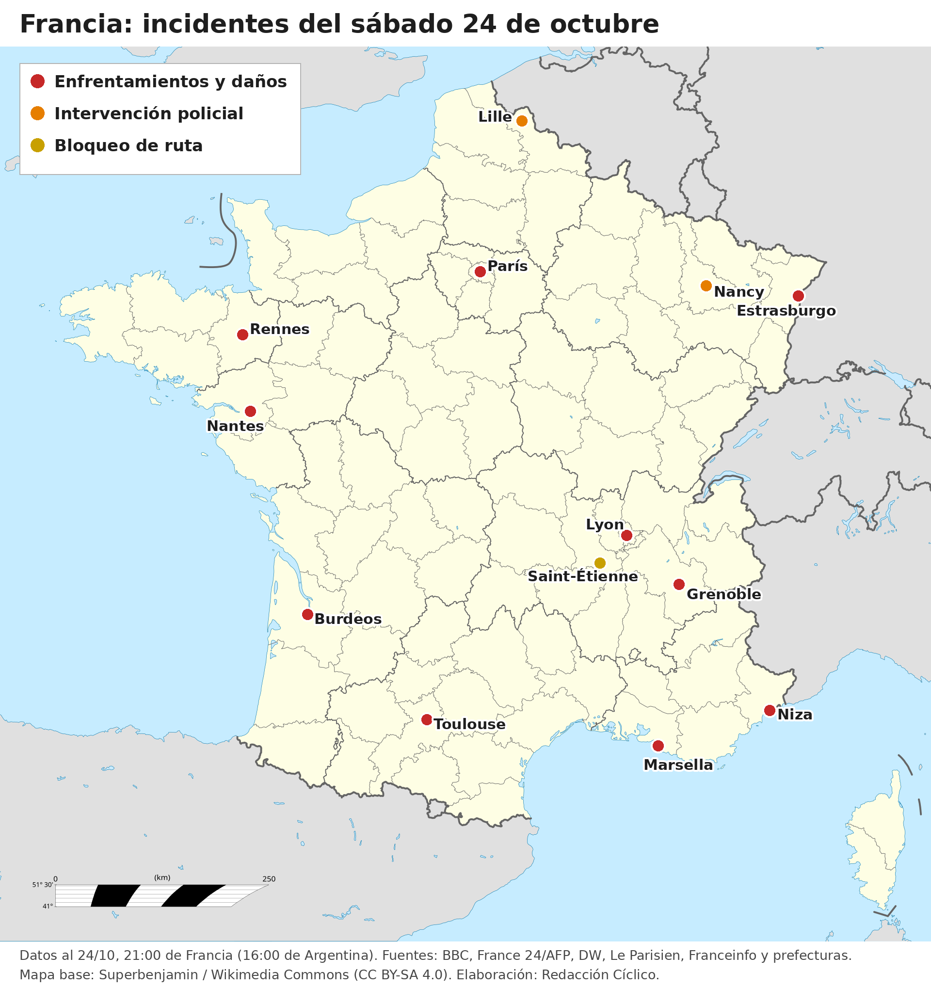 Mapa de Francia con las ciudades que registraron incidentes durante las protestas del sábado 24 de octubre de 2026