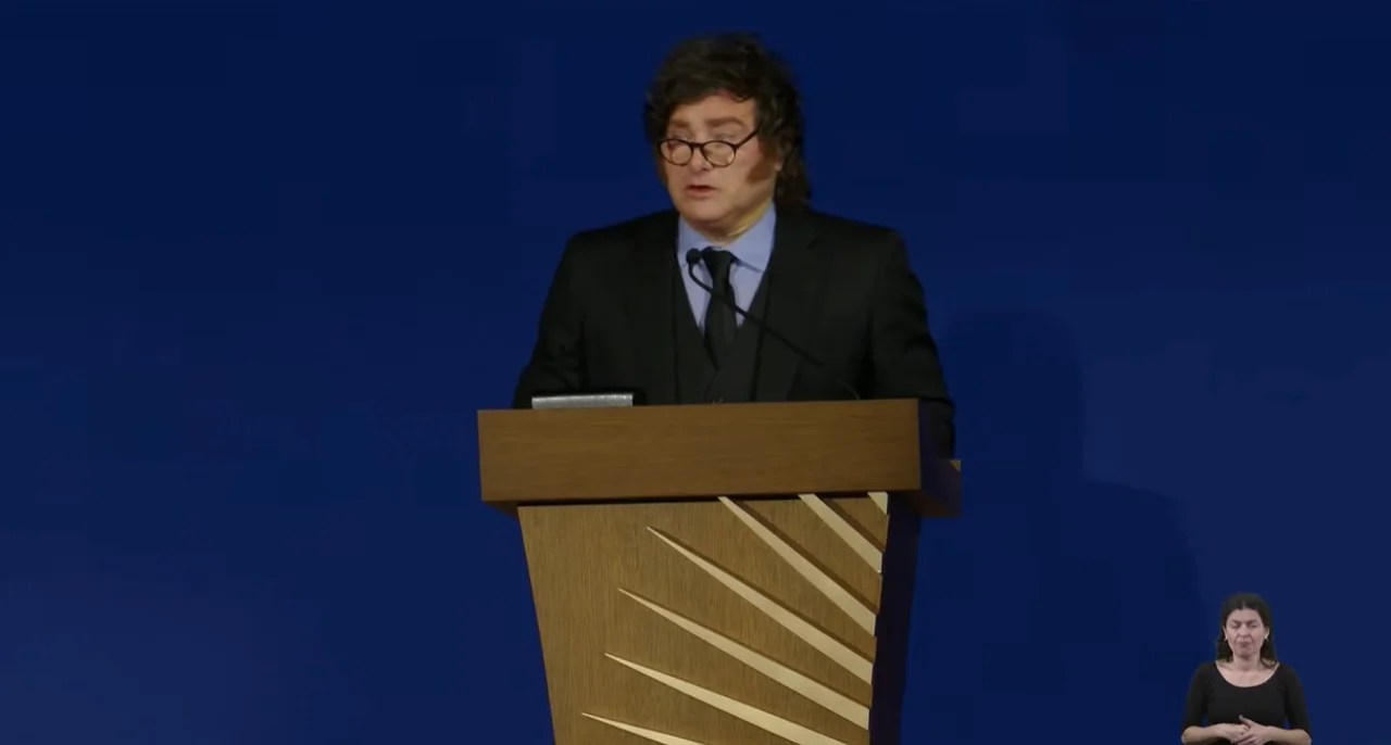 El presidente Javier Milei durante su discurso en la Cámara de Comercio de Estados Unidos.
