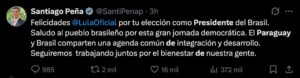 Saludo de Santiago Peña (Paraguay) a Lula