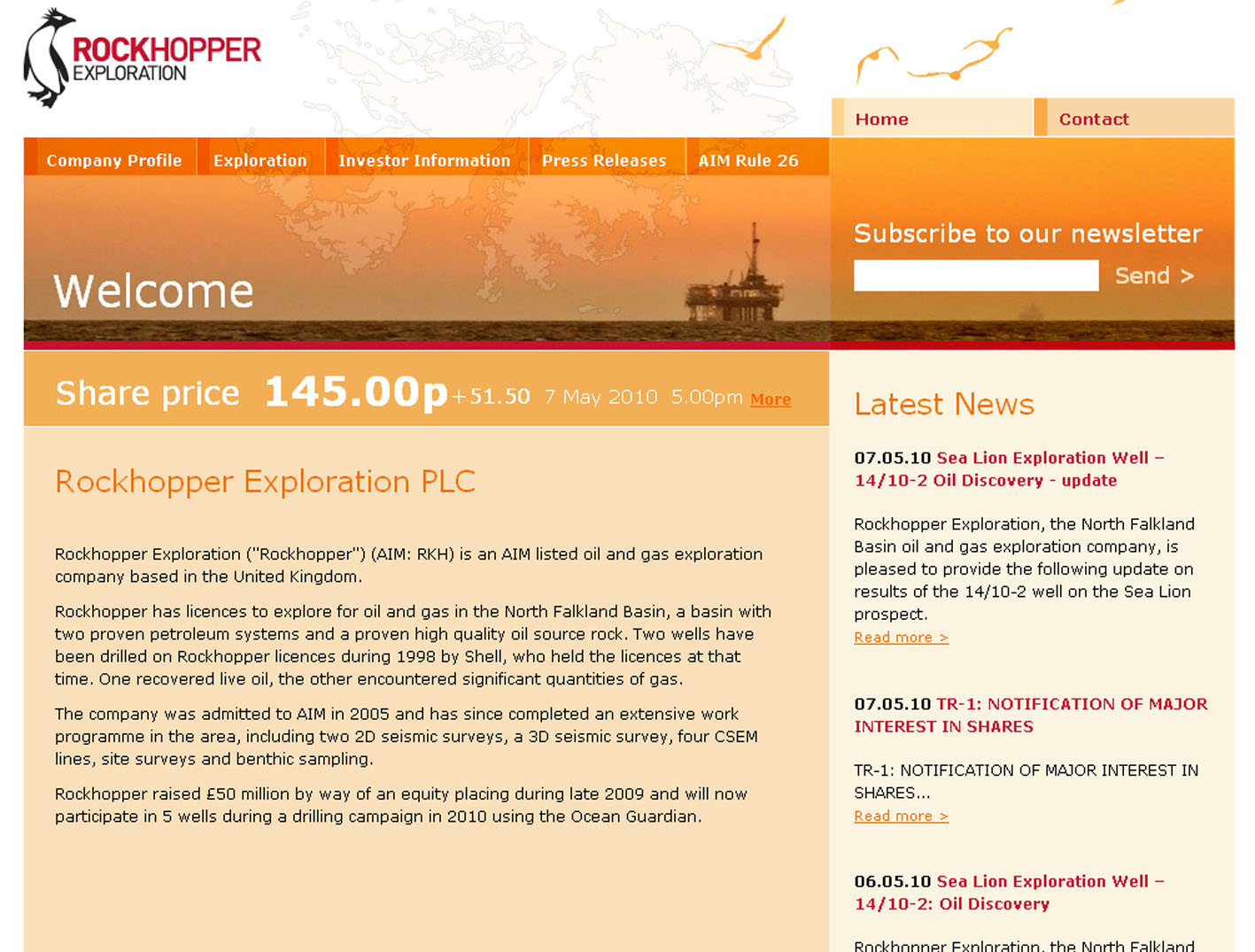 Captura de archivo del sitio de Rockhopper Exploration, del 7 de mayo de 2010. No muestra cotizaciones actuales.