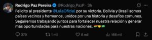 Saludo de Rodrigo Paz Pereira (Bolivia) a Lula